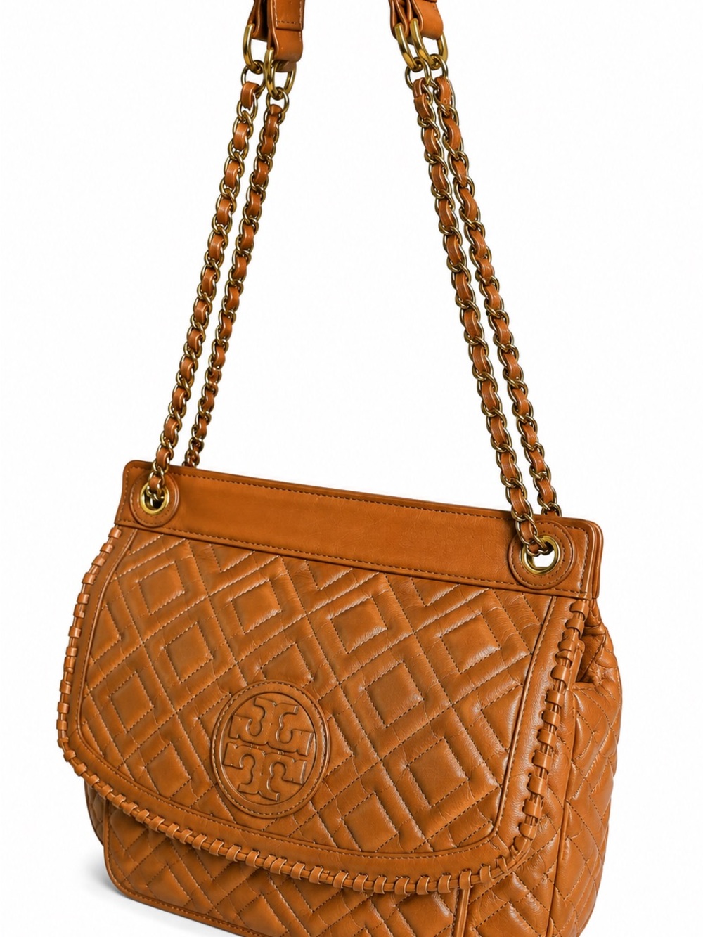Tory Burch Fleming Brown Leather Quilted Shoulder Bag Chain Strap Whipstitch - Picture 10 of 15